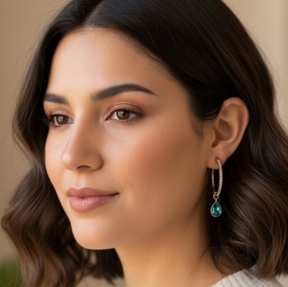 Fashion Elegant Gold and Blue Teardrop Hoop Earrings (EUC) - Picture 1 of 5